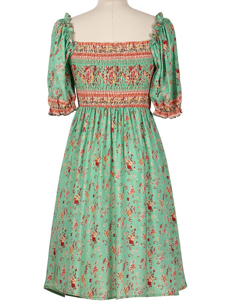 Green Floral Boho Dress Short Ruffle Sleeve Square Neck Beach Dress