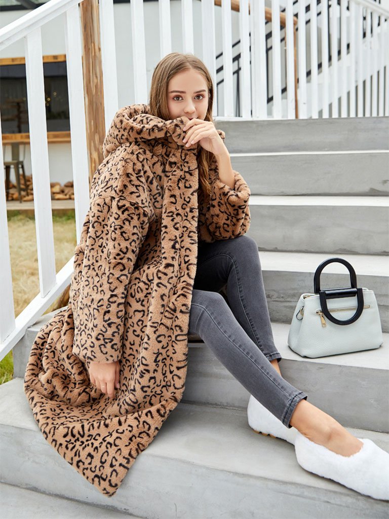 Faux Fur Coat Leopard Hooded Long Sleeve Oversized Winter Coat