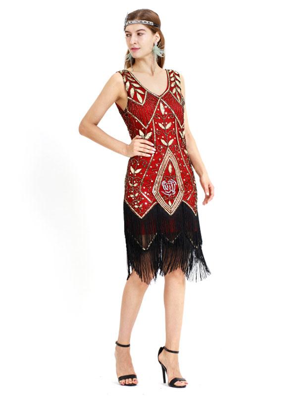 Wine Red 1920s V Neck Sequined Fringed Flapper Dres