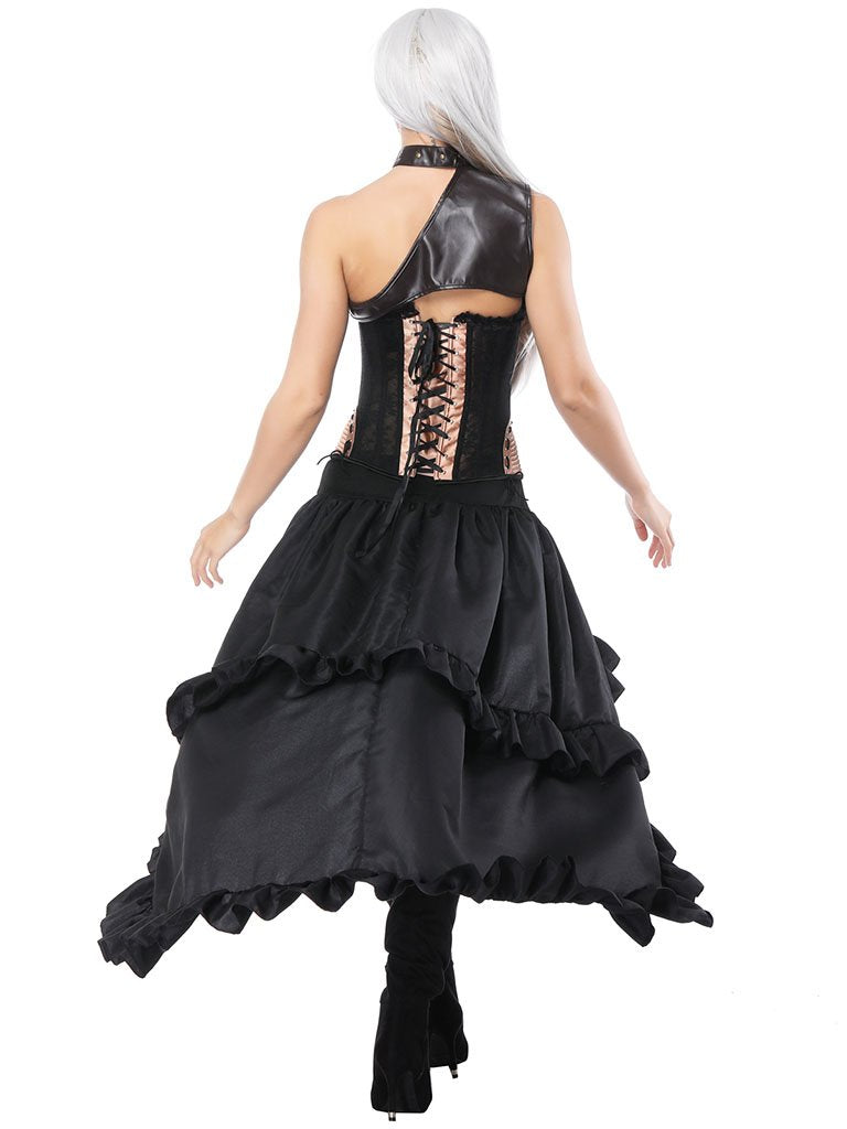 Gothic Costume Halloween Gold Corset Ruffles High Low Skirt And Pauldron Outfit