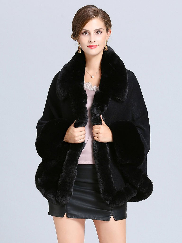 Poncho Sweater Faux Fur Coat Shawl Collar