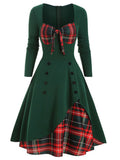 1950S Bow Heart Collar Plaid Long Sleeve Swing Dress