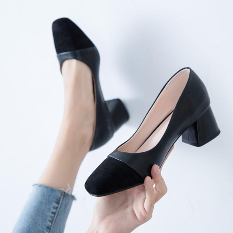 Heel Pointed Cap-Toe Chunky Heel PU Leather