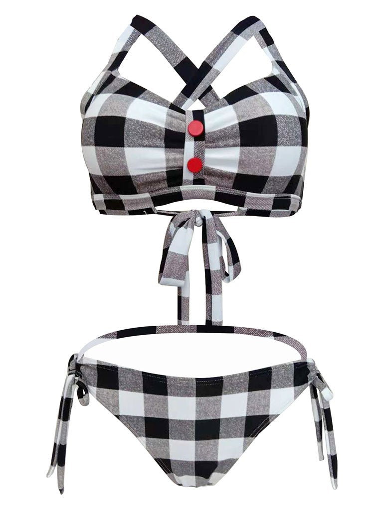 High Waisted Retro Style Backless Plaid Two Pieces Bikini Sets