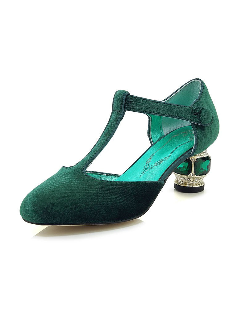 Velvet Rhinestone Chunky Heel  Vintage Shoes