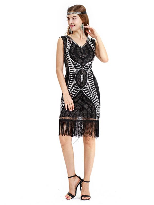 Black Gold 1920s V Neck Sequined Fringed Flapper Dress