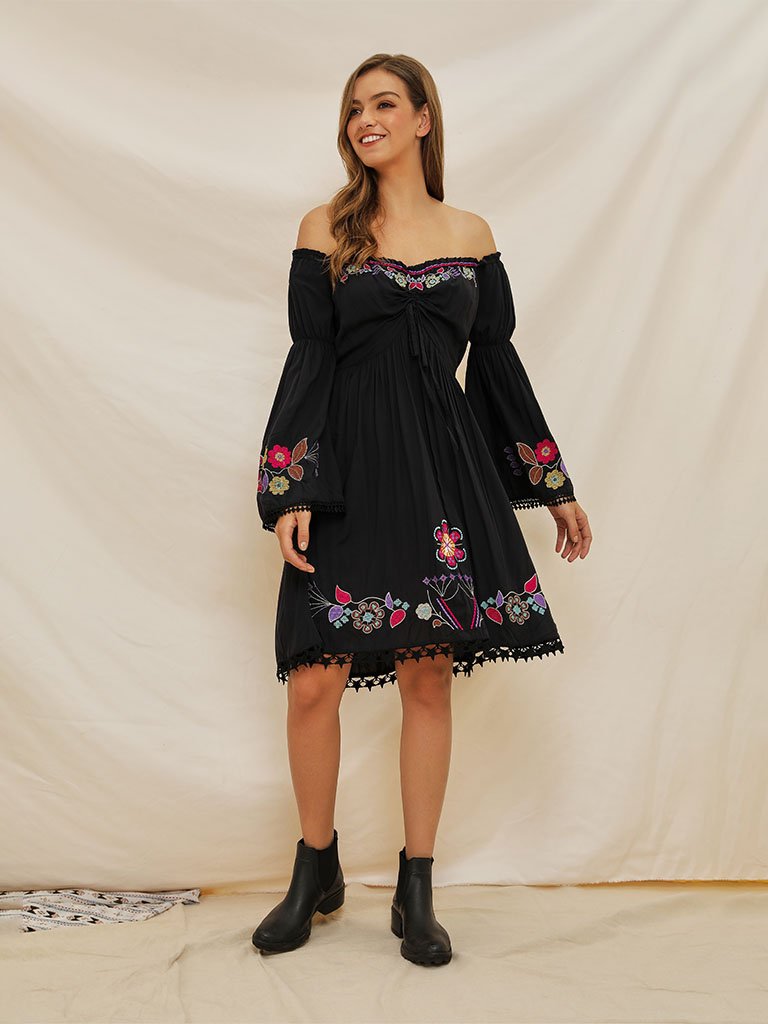 Boho Dress Black Off Shoulder Floral Embroidered Dress