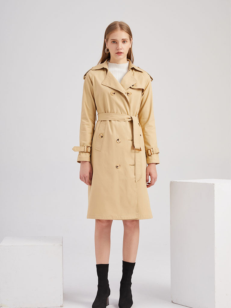 Trench Coat Going out Fall Winter Turndown Collar Button Waisted Solid Color Long Coat