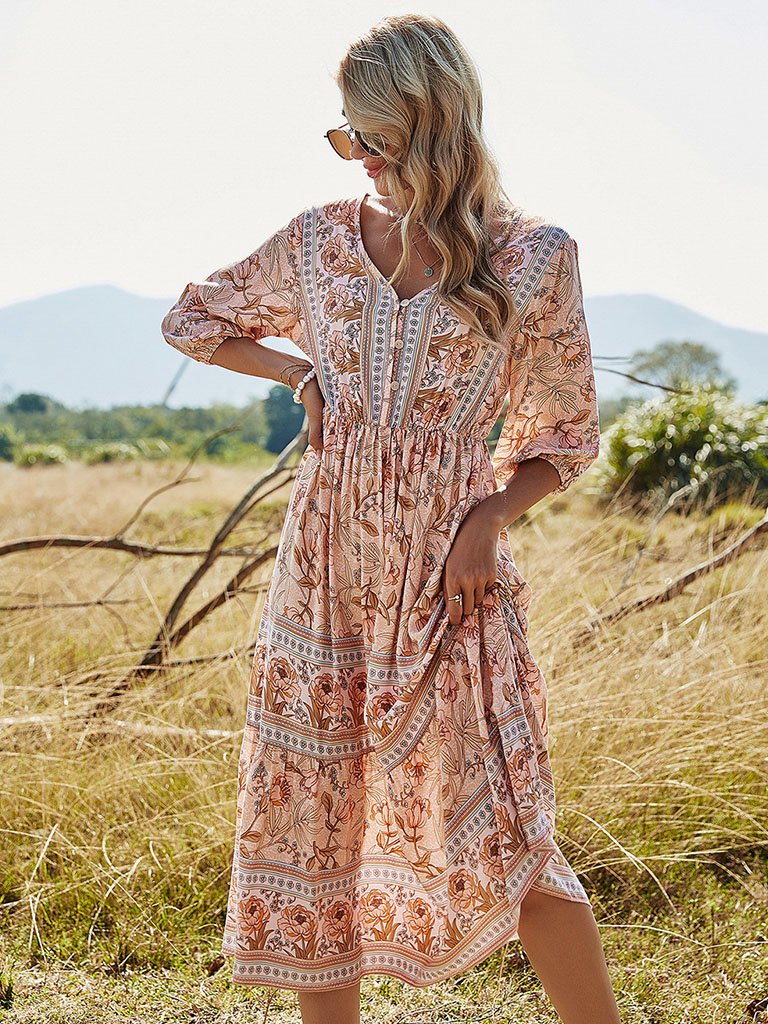 Floral Boho Dress Half Sleeve V Neck Beach Party Dress