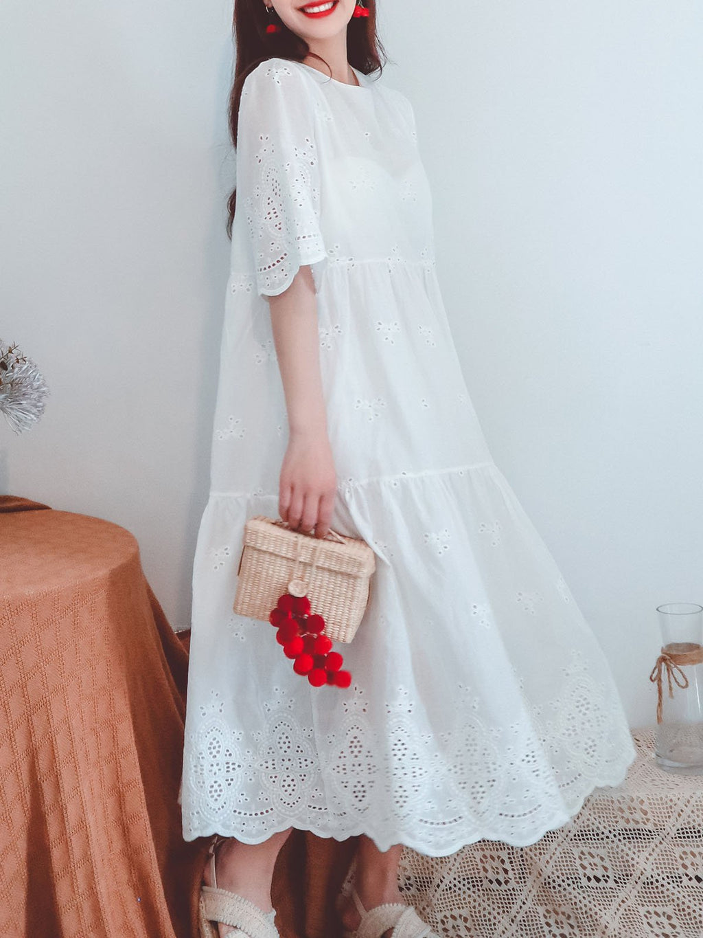 Jolly Vintage Embroidered Solid Backgrand Half Sleeves Boho Midi Dress