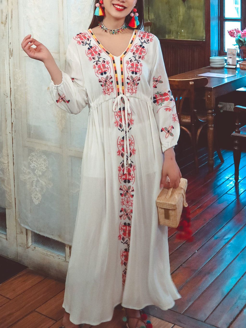 Bohemian Embroidered Floral V Neck Long Sleeve Cotton Boho Maxi Dress