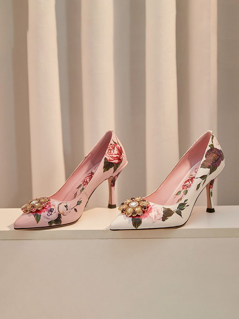 Rose Print Rhinestone Stiletto Heel Vintage Shoes