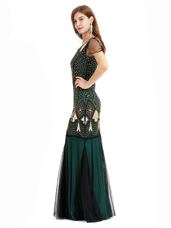 Green 1920s V Neck Sequined Long Flapper Dress