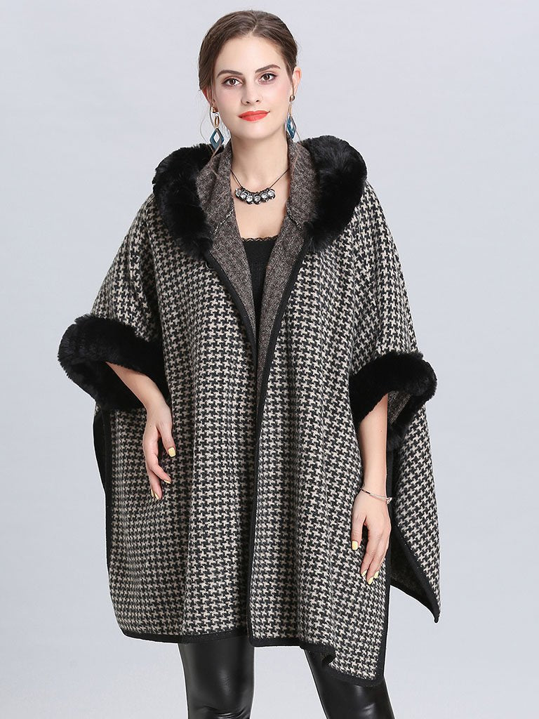 Faux Fur Coat Wool Cape Coat Hooded Long Sleeve Gingham Overcoat