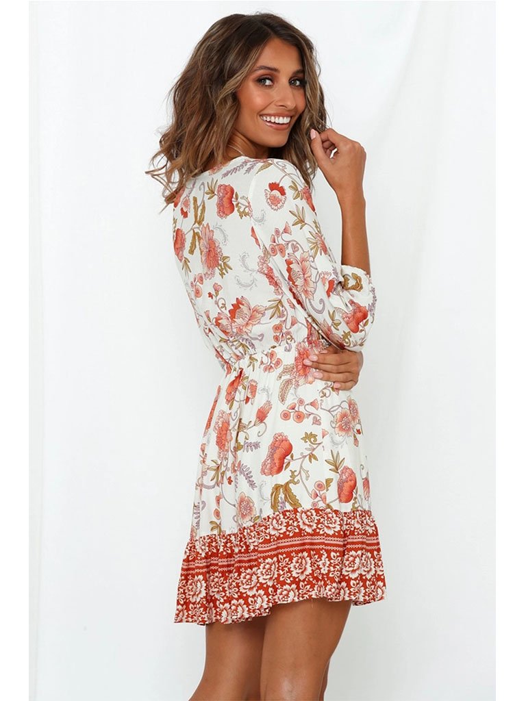 Boho Dress Floral Printed V Neck Beach Dress Half Sleeve