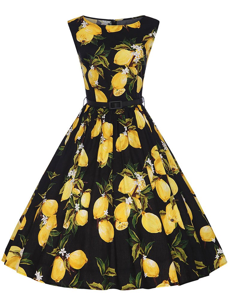 Sweet Lemon Printed Cotton 1950s Vinateg Dress