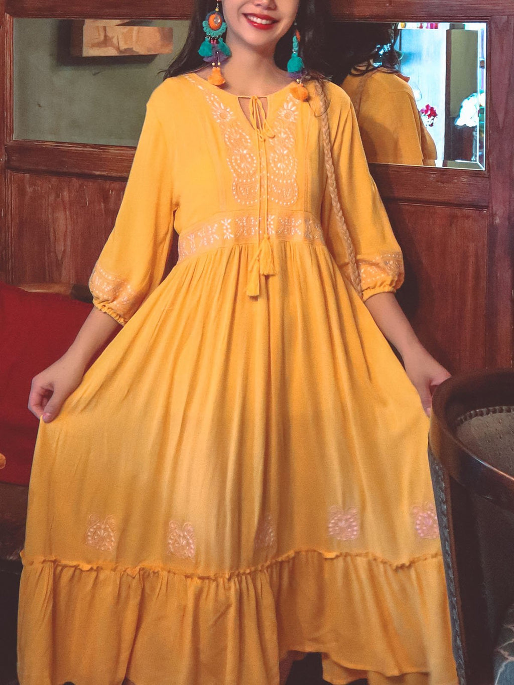 Jolly Vintage 2 Pieces Bohemian Hooded Embroidered Floral 3/4 Sleeve Boho Dress