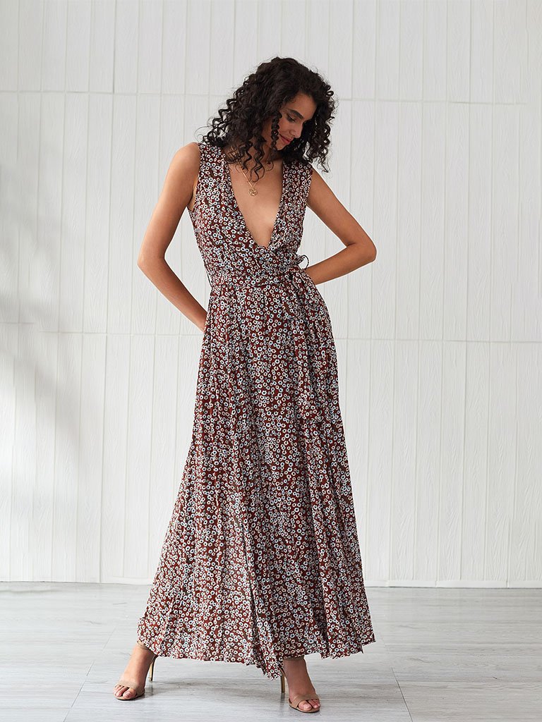 Boho Dress Deep V Neck Split Floral Printed Maxi Dress
