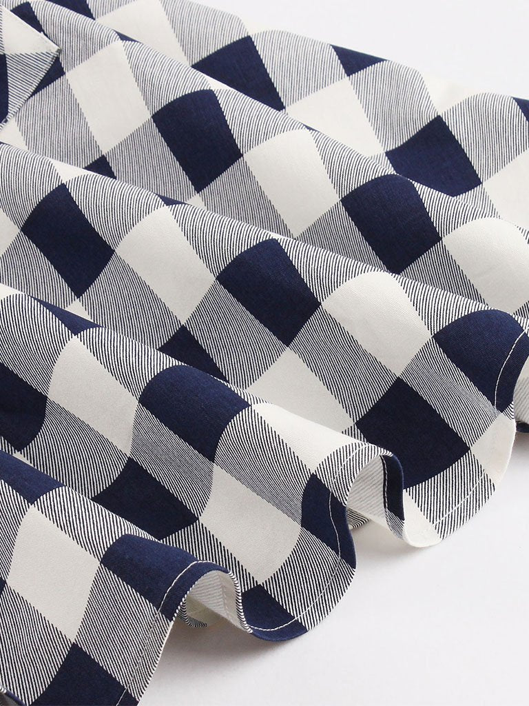Blue White 1950s Pockets Plaid Dress