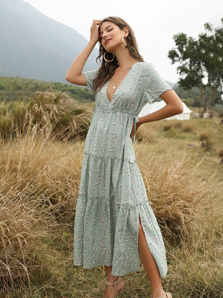 Boho Dress Floral Printed Ruffle Deep V Neck  Maxi Dress