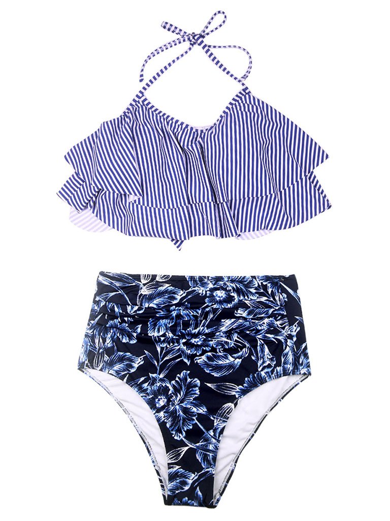 Retro Style High Waisted Backless Two Pieces Swimsuit Sets