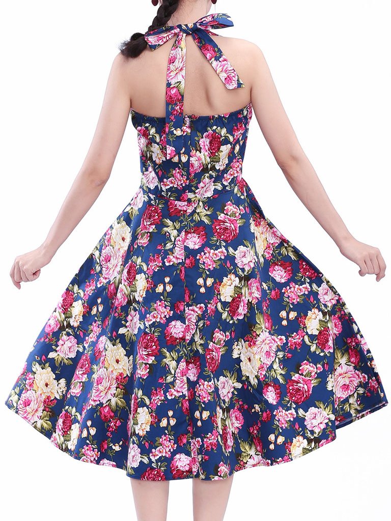 Sweet Floral Halter Cotton 50s Swing Dress
