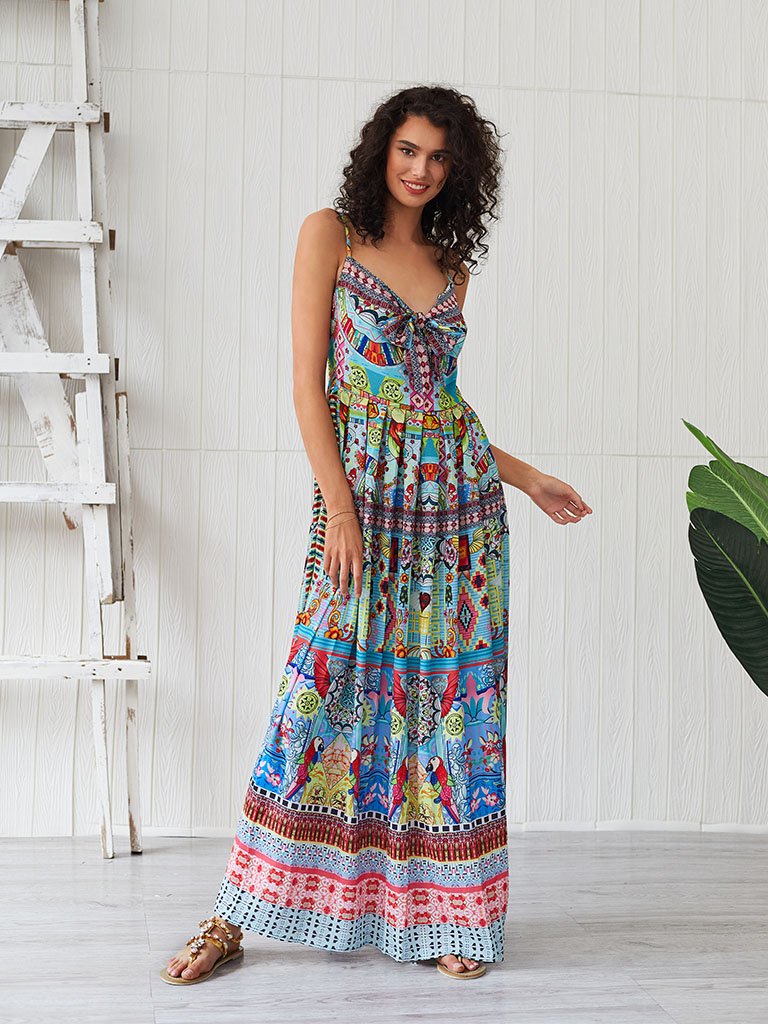 Boho Dress Spaghetti Strap Bow Split Floral Printed Maxi Dress