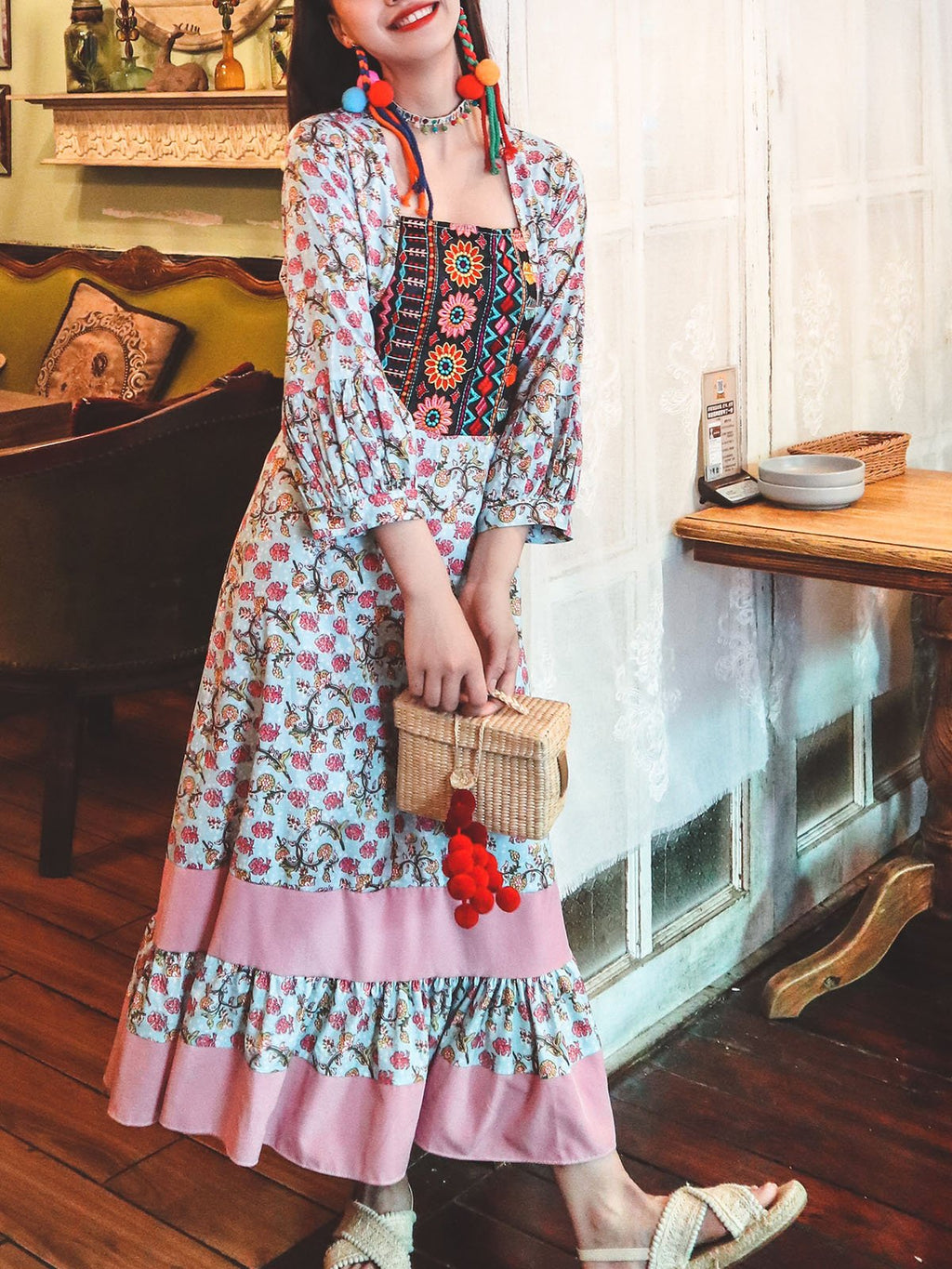 Bohemian Floral Printed Embroidered Square Neck 3/4 Pleated Sleeve Boho Maxi Dress