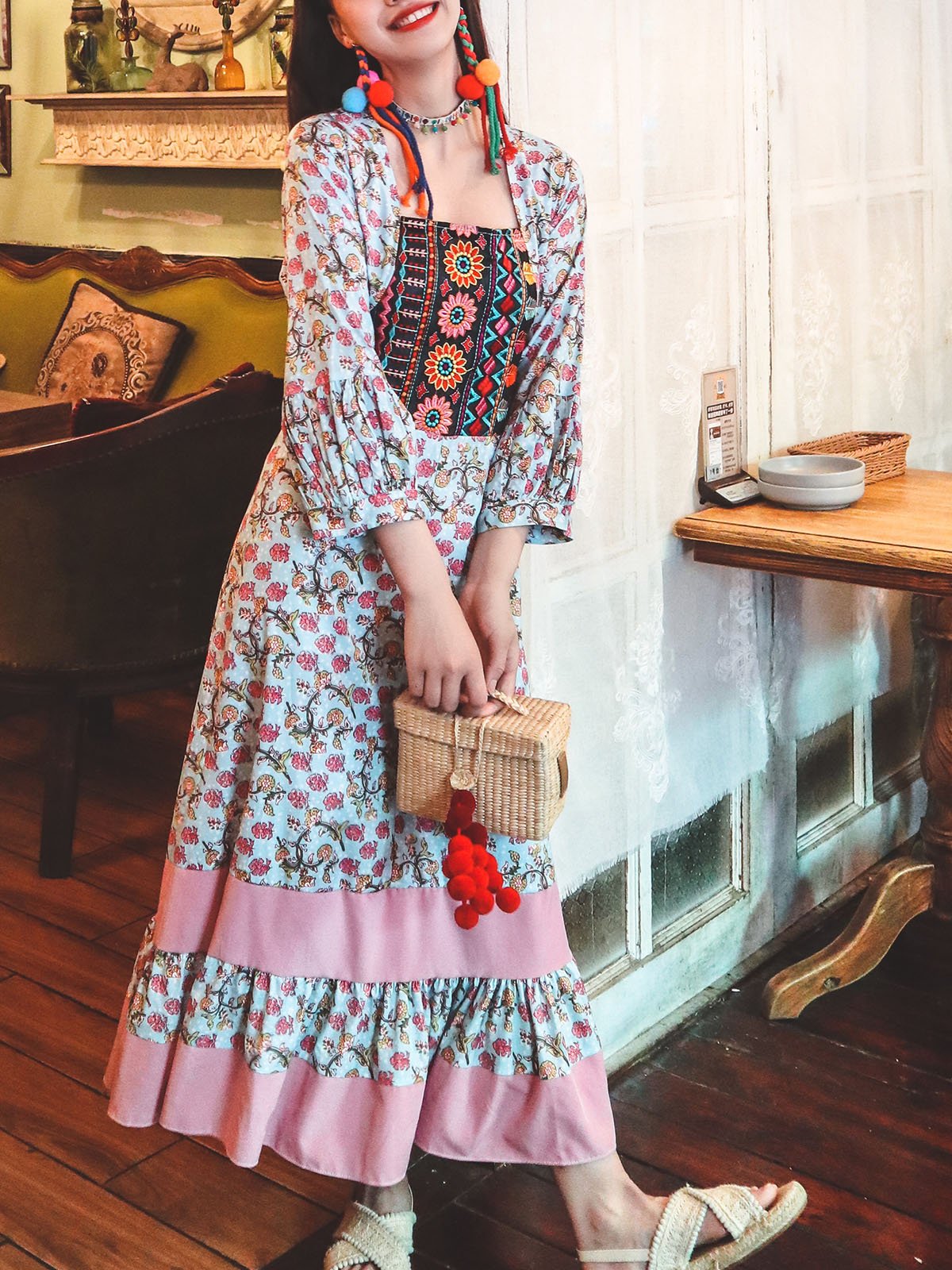 Bohemian Floral Printed Embroidered Square Neck 3/4 Pleated Sleeve Boho Maxi Dress