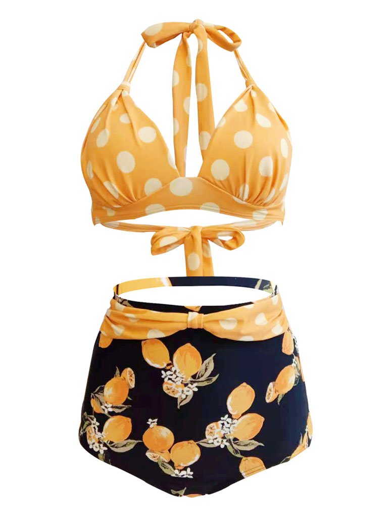 Classical Vintage Style Dots And Floral Two Pieces Bikini Sets