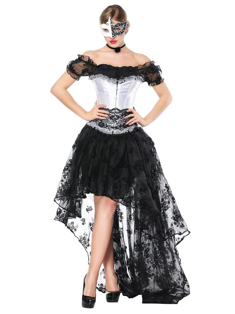 Gothic Costume Halloween Black Lace Short Sleeve Top Corset And Asymmetrical Skirt