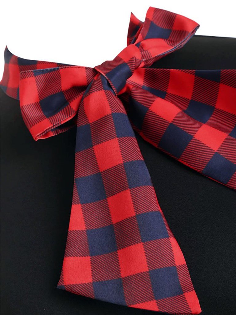 1950S Bow Collar Plaid Swing Dress