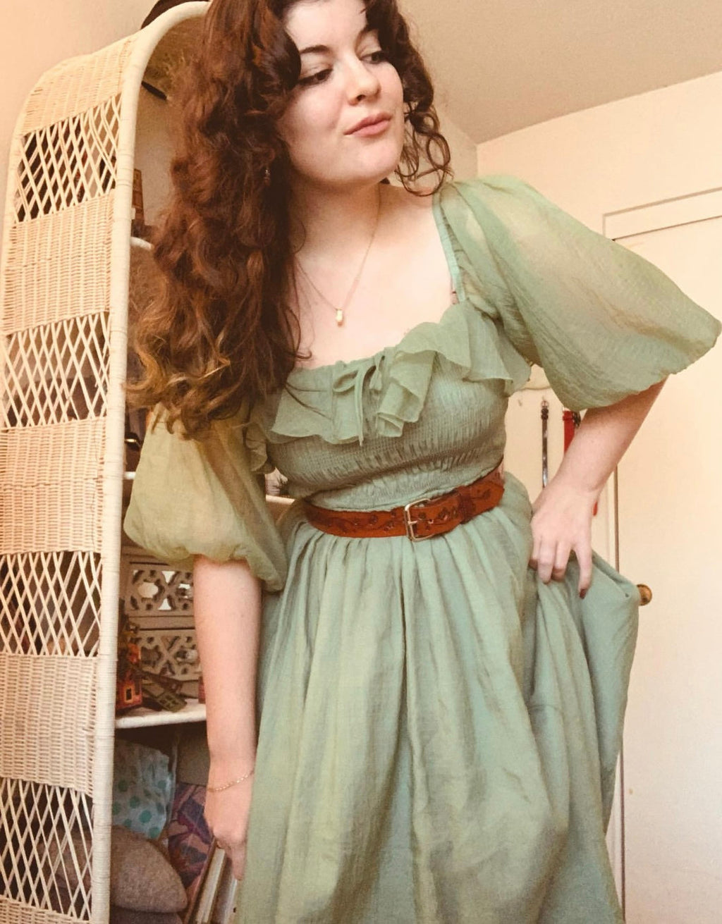 Green Mid Centuries Ruffles Vintage Maxi Dress