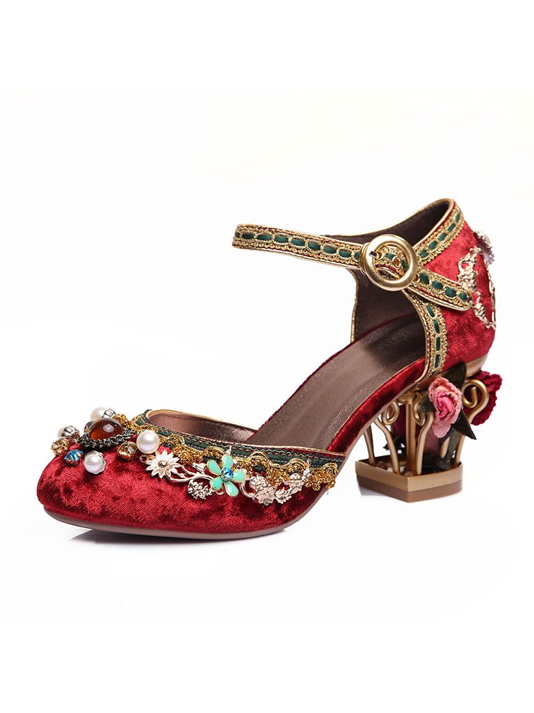Luxury Floral Gem Studded Heels Ankle Strap Vintage Wedding Shoes