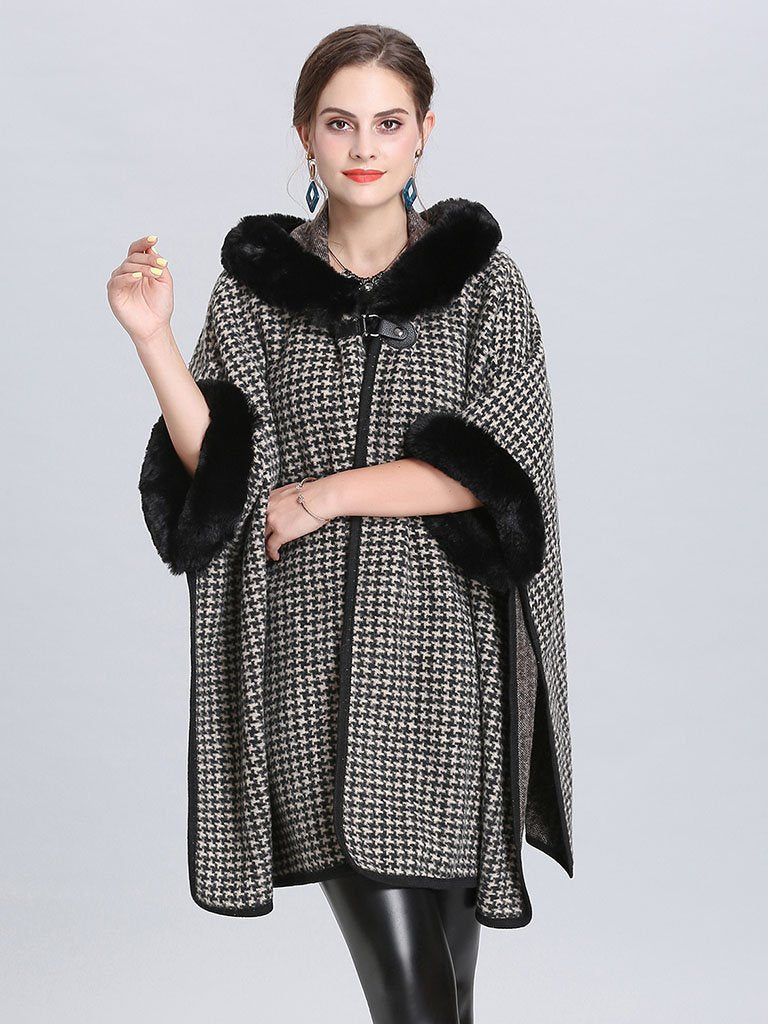 Faux Fur Coat Wool Cape Coat Hooded Long Sleeve Gingham Overcoat