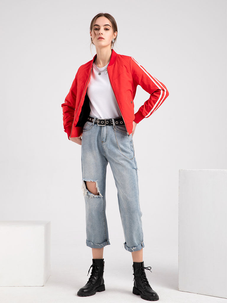 Pilot Style Jacket Daily Fall Winter Casual Solid Color Stand Collar Sporty Jacket