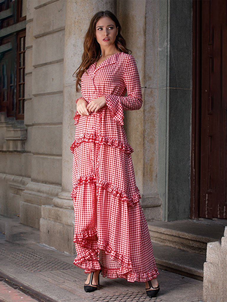 Boho Dress Red Plaid Splid Ruffles Peplum Maxi Dress Cake Dress