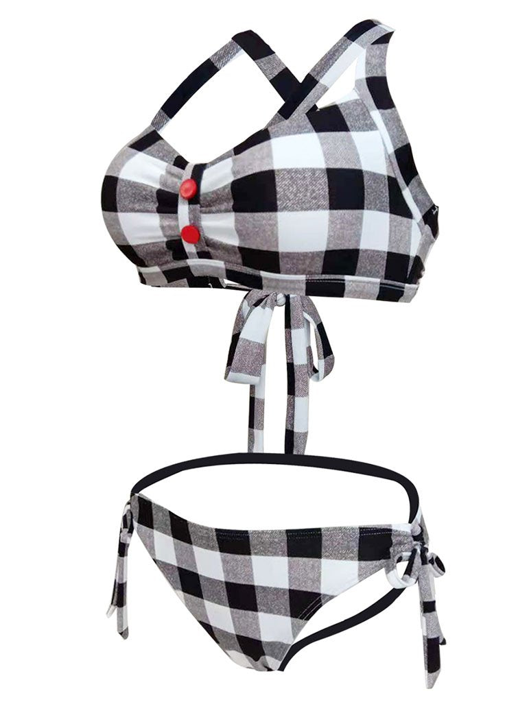 High Waisted Retro Style Backless Plaid Two Pieces Bikini Sets