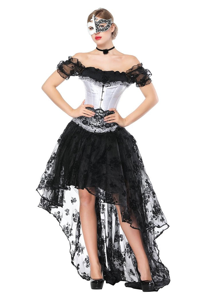 Gothic Costume Halloween Black Lace Short Sleeve Top Corset And Asymmetrical Skirt