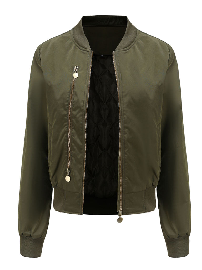 Pilot Style Jacket Daily Zippered Fall Winter Casual Solid Color Stand Collar Sporty Jacket For Women