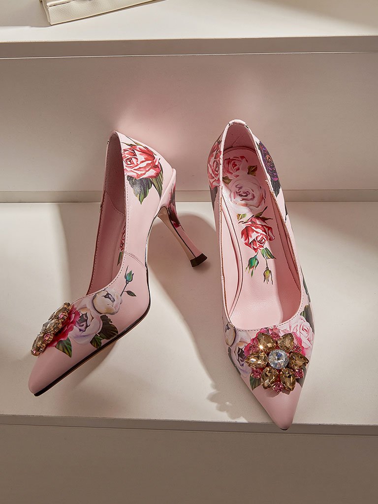 Rose Print Rhinestone Stiletto Heel Vintage Shoes