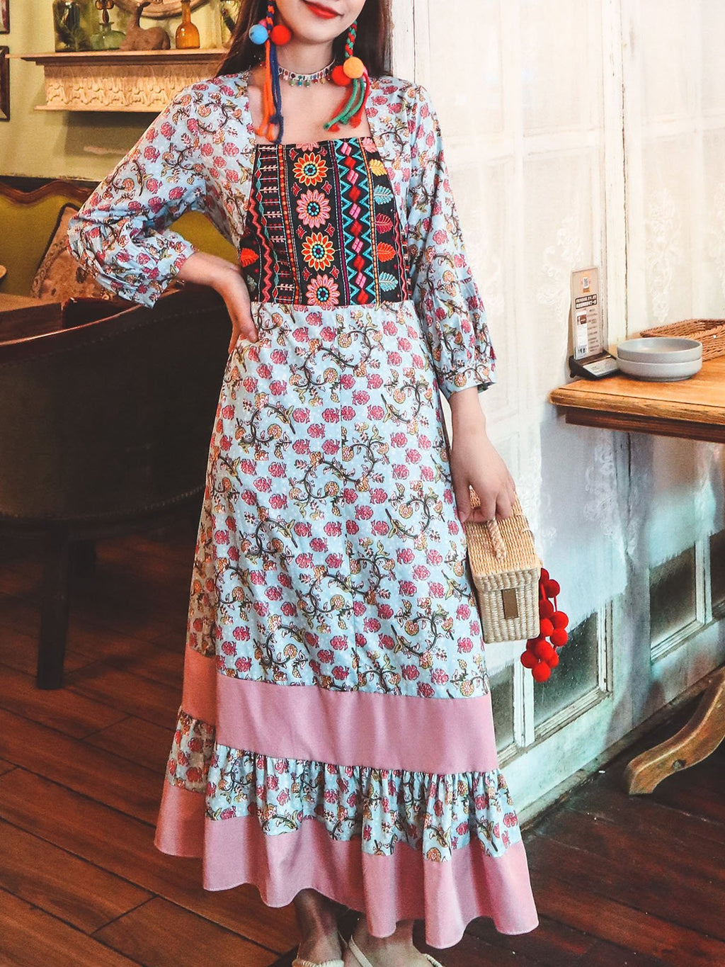 Bohemian Floral Printed Embroidered Square Neck 3/4 Pleated Sleeve Boho Maxi Dress