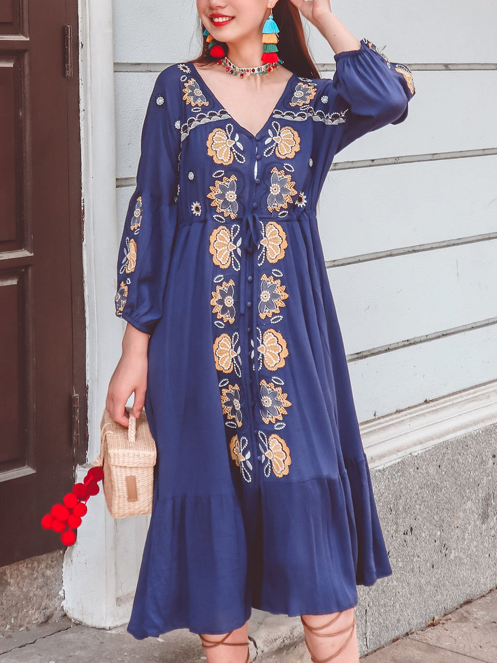Bohemian Floral Embroidered V Neck 3/4 Sleeves Front Split Button Maxi Boho Dress