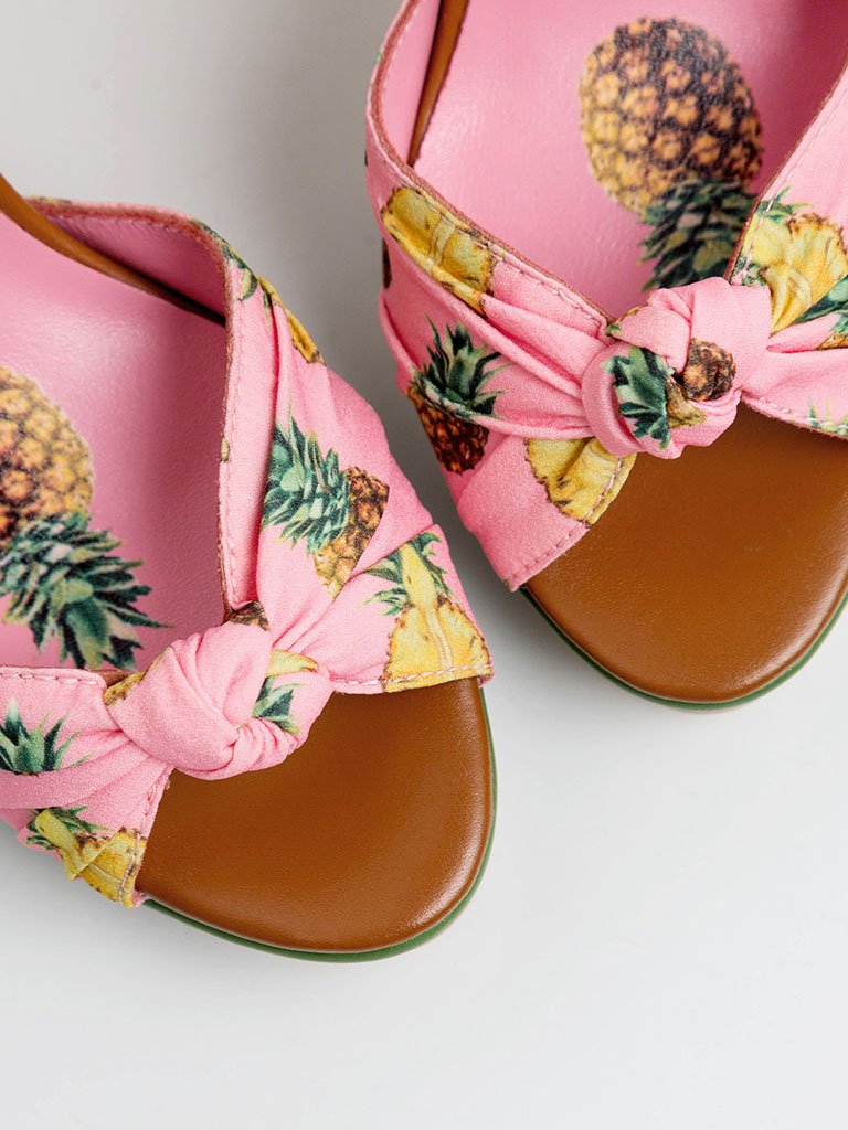 Fruit Heel Pineapple Print Platform Bow Vintage Sandals