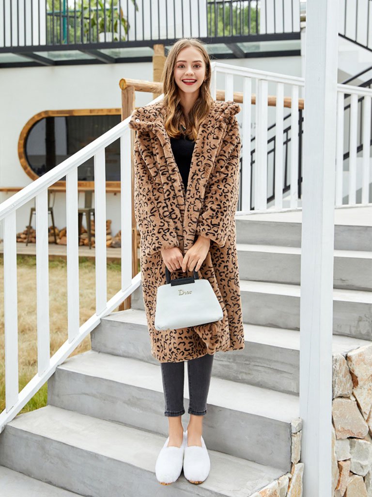 Faux Fur Coat Leopard Hooded Long Sleeve Oversized Winter Coat