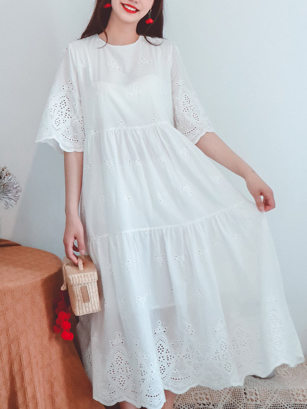 Jolly Vintage Embroidered Solid Backgrand Half Sleeves Boho Midi Dress