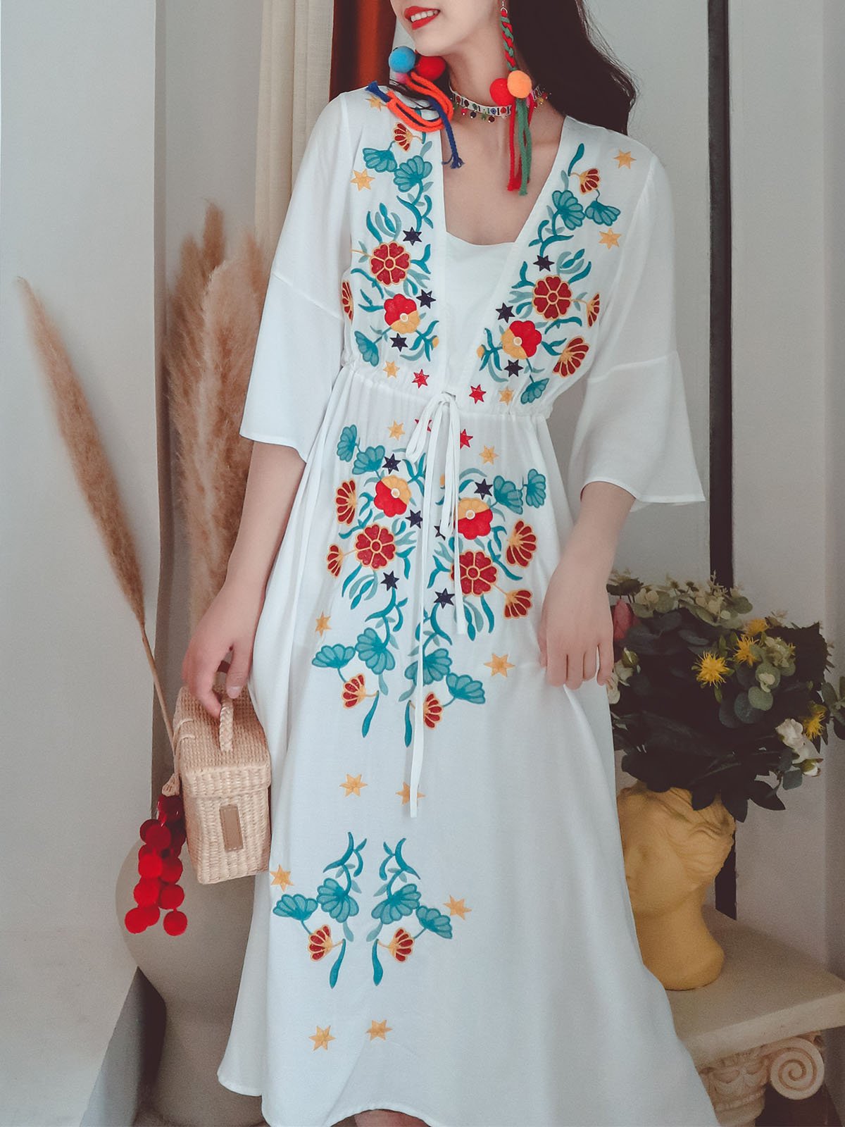 Cotton Embroidered Floral Square Neck Flared Half Sleeve Maxi Boho Dress