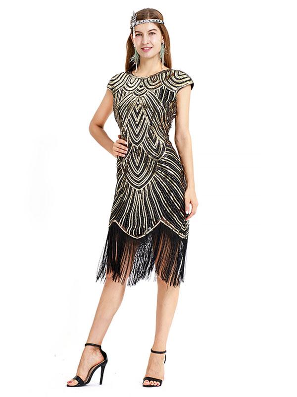 Gold 1920s Crew Neck  Cape Sequined Fringed Flapper Dres