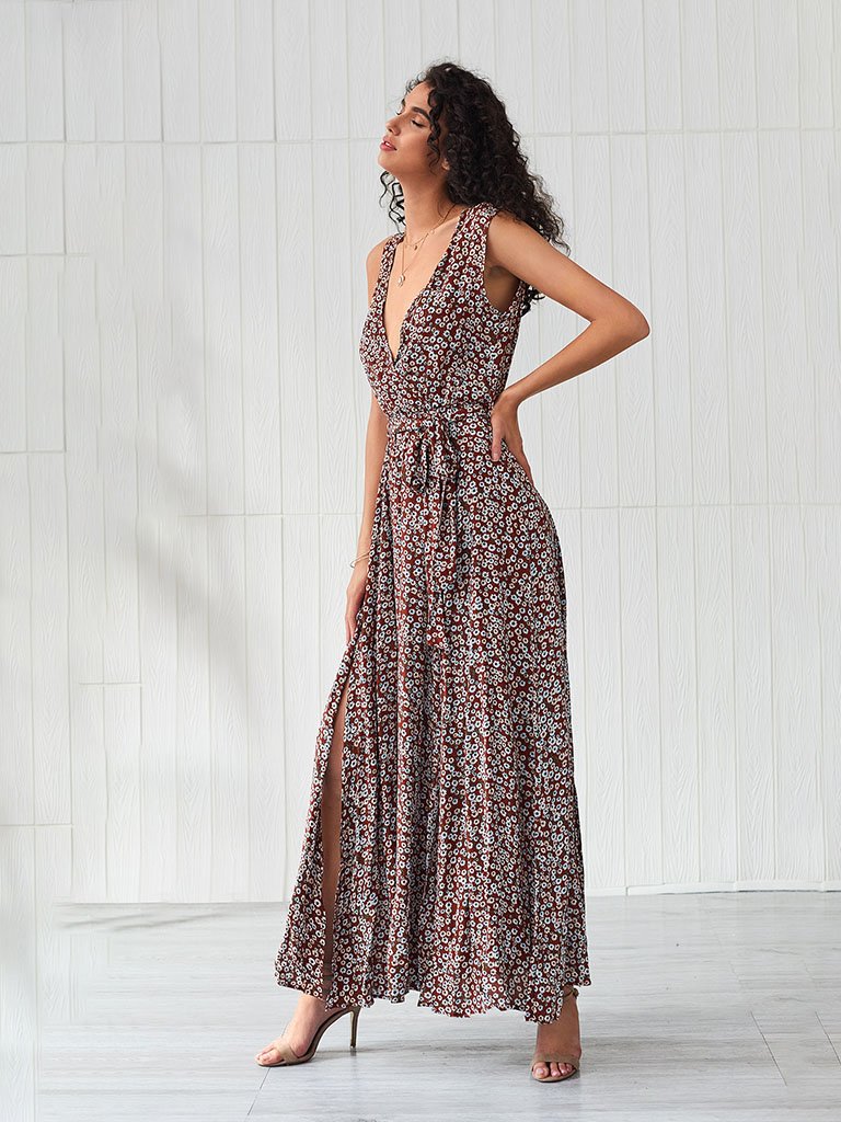 Boho Dress Deep V Neck Split Floral Printed Maxi Dress