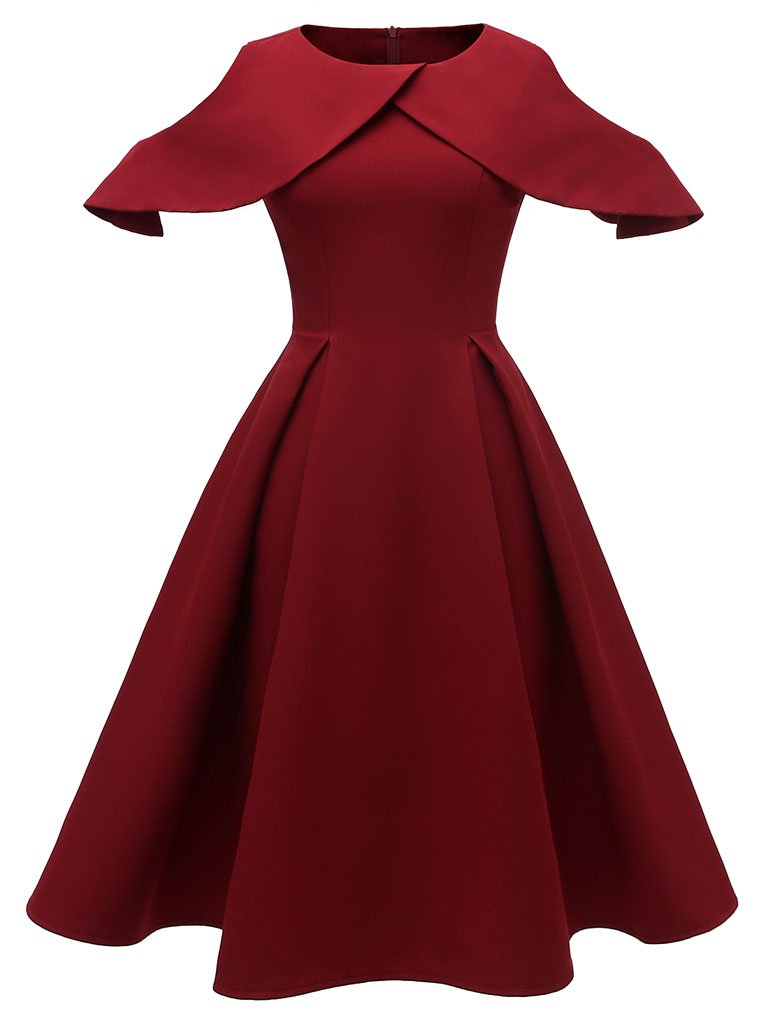Navy 1950s Open Shoulder Ruffles Vintage Dress
